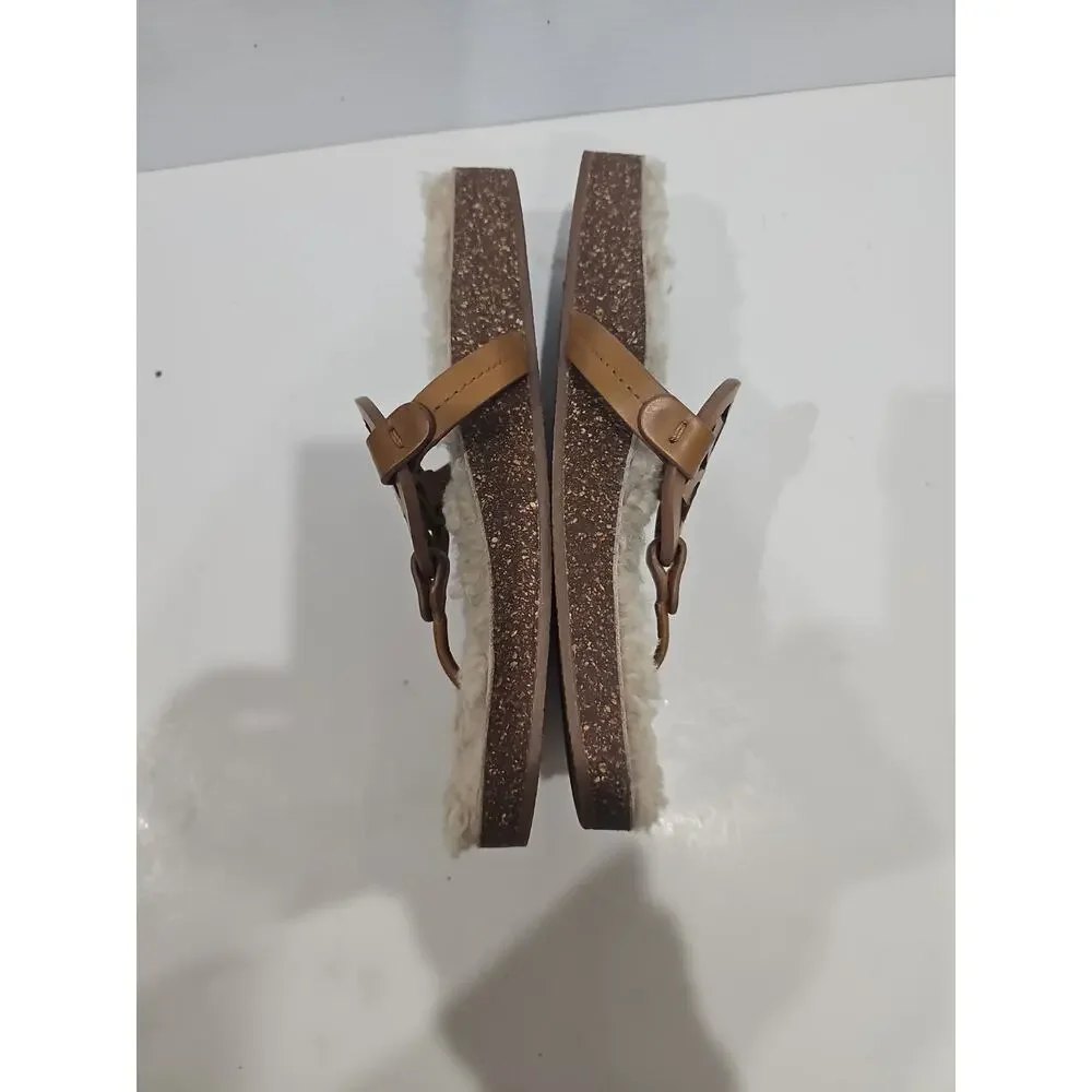 TORY BURCH MILLER Cloud THONG SANDAL Shearling Caramel Corn/Buttermilk Sz 9.5